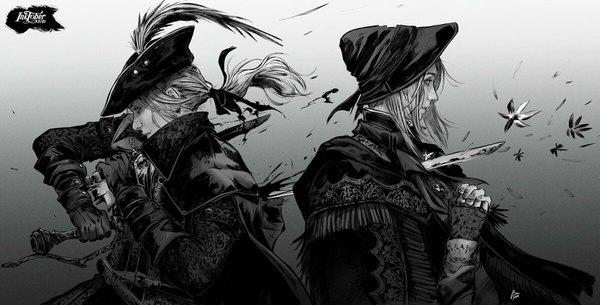 Anime picture 1199x609 with bloodborne from software lady maria of the astral clocktower plain doll raquel cornejo long hair short hair simple background wide image multiple girls signed looking away upper body ponytail profile wind realistic gradient background dated monochrome