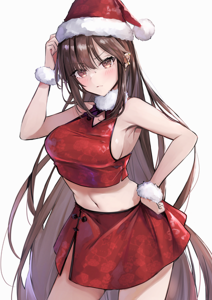 Anime picture 2895x4093 with fate (series) fate/grand order yu mei-ren (fate) hane yuki single tall image blush highres breasts light erotic simple background brown hair standing white background brown eyes very long hair midriff hand on hip sideboob piercing