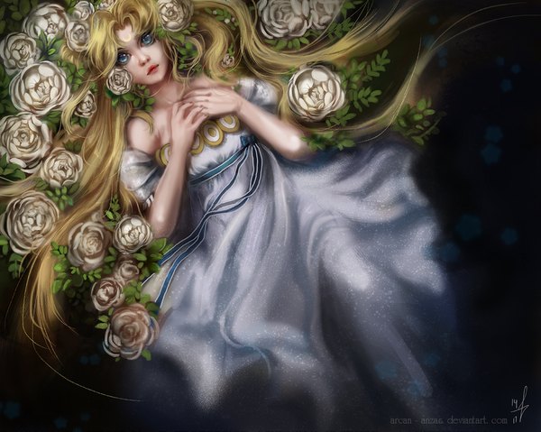 Anime picture 1024x819 with bishoujo senshi sailor moon toei animation tsukino usagi princess serenity arcan-anzas (nath. batemann) single long hair blue eyes blonde hair twintails bare shoulders lying lips facial mark hand on chest dark background girl dress flower (flowers) ribbon (ribbons)