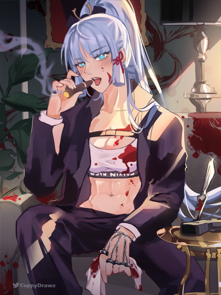 Anime picture 900x1200 with genshin impact kamisato ayaka cuppy single long hair tall image looking at viewer blush fringe breasts open mouth blue eyes sitting holding signed cleavage silver hair ponytail indoors blunt bangs