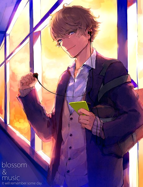 Anime picture 1000x1300 with original dosmogel single tall image looking at viewer short hair blue eyes blonde hair smile inscription boy uniform school uniform window headphones sweater school bag wire (wires)