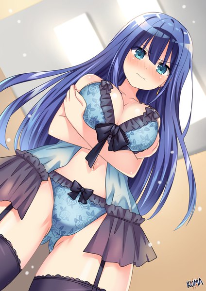 Anime picture 1625x2299 with engage kiss a-1 pictures yuugiri ayano lewdkuma single long hair tall image looking at viewer blush fringe breasts blue eyes light erotic hair between eyes large breasts standing signed blue hair indoors from below