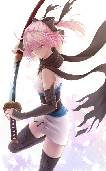 Anime picture 2000x3200 with fate (series) koha-ace okita souji (fate) (all) okita souji (koha-ace) bakanoe single tall image looking at viewer fringe highres short hair hair between eyes white background holding pink hair ahoge bent knee (knees) ponytail traditional clothes japanese clothes