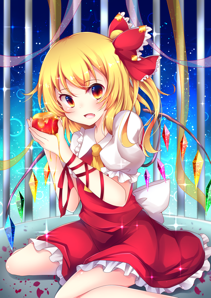 Anime picture 1254x1771 with touhou flandre scarlet sisterakuma single long hair tall image looking at viewer fringe open mouth blonde hair red eyes sitting holding sparkle short sleeves fang (fangs) puffy sleeves one side up wariza girl