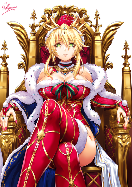 Anime picture 1000x1414 with fate (series) fate/grand order artoria pendragon (all) artoria pendragon (lancer) sakiyamama single tall image looking at viewer fringe short hair breasts light erotic simple background blonde hair hair between eyes large breasts white background sitting bare shoulders green eyes