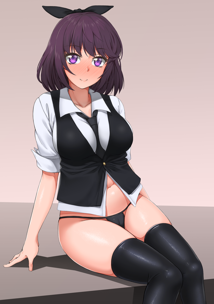 Anime picture 2894x4093 with original oxxo (dlengur) single tall image blush highres short hair light erotic black hair smile sitting purple eyes girl thighhighs navel underwear panties bow black thighhighs hair bow