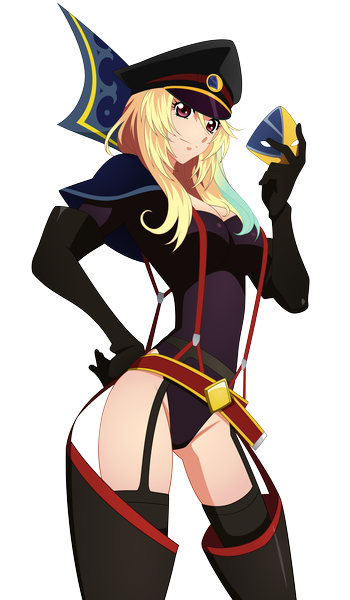 Anime picture 4665x8000 with tales of (series) tales of xillia milla maxwell manaalchemist single tall image highres light erotic blonde hair smile brown eyes absurdres multicolored hair aqua hair two-tone hair hand on hip transparent background girl thighhighs black thighhighs