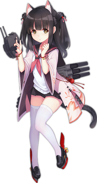 Anime picture 544x1024 with azur lane yuugure (azur lane) allenes single long hair tall image fringe black hair standing holding brown eyes animal ears payot full body tail blunt bangs animal tail cat ears wide sleeves official art