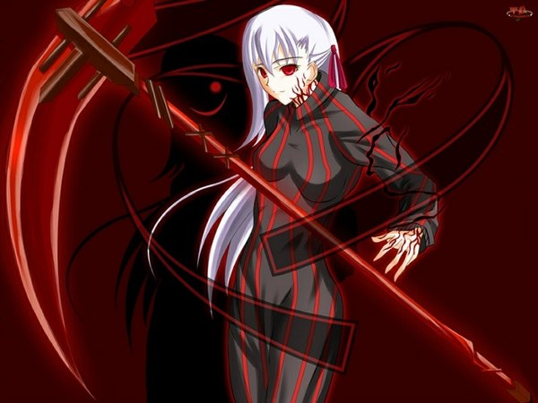 Anime picture 1024x768 with fate (series) fate/stay night studio deen matou sakura dark sakura single long hair looking at viewer light erotic smile red eyes white hair shadow red background girl scythe