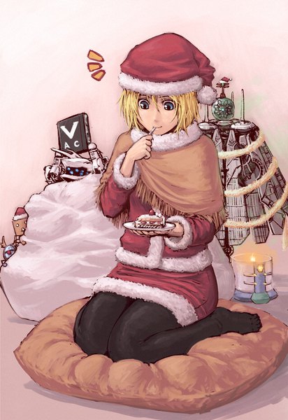 Anime picture 1278x1860 with armored core armored core: for answer white glint answerer fiona jarnefeldt jack-o tatsuya (atelier road) single tall image short hair blue eyes blonde hair smile sitting fur trim christmas eating seiza girl hat