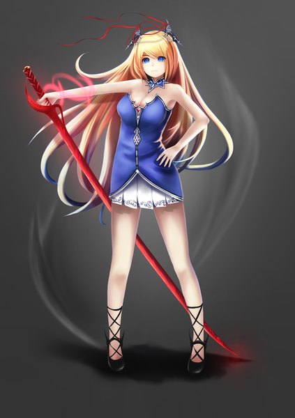 Anime picture 1024x1454 with original benezia single long hair tall image looking at viewer blue eyes simple background blonde hair grey background hand on hip girl dress hair ornament weapon sword