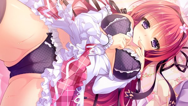 Anime picture 2048x1152 with love love life skyfish (studio) akemiya sakura rubi-sama single long hair blush highres light erotic smile wide image purple eyes game cg red hair girl dress underwear panties ribbon (ribbons) hair ribbon