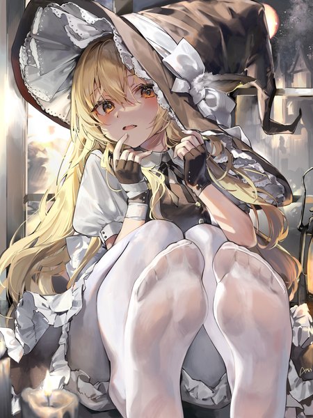 Anime picture 1536x2048 with touhou kirisame marisa ame929 single long hair tall image looking at viewer blush fringe open mouth light erotic blonde hair hair between eyes sitting signed full body bent knee (knees) indoors arms up short sleeves
