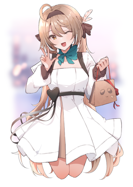 Anime picture 2490x3510 with virtual youtuber hololive hololive english nanashi mumei airenif single tall image looking at viewer fringe highres open mouth hair between eyes brown hair twintails brown eyes ahoge very long hair one eye closed wink ;d