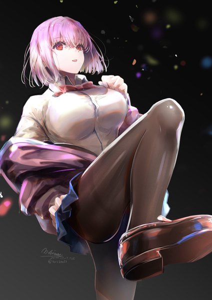Anime picture 2188x3095 with gridman universe ssss.gridman studio trigger shinjou akane hirose (10011) single tall image looking at viewer fringe highres short hair breasts open mouth light erotic simple background smile hair between eyes red eyes standing signed