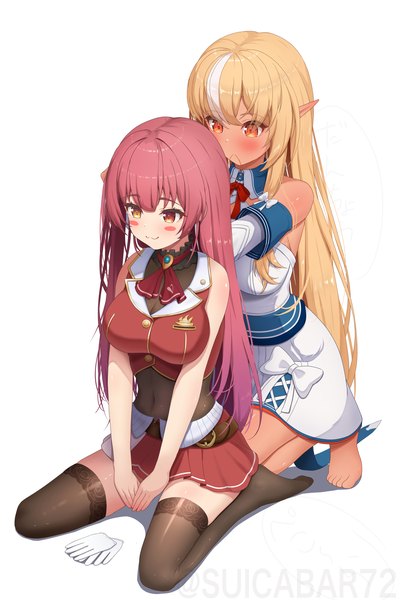 Anime picture 1281x1869 with virtual youtuber hololive houshou marine houshou marine (1st costume) shiranui flare shiranui flare (1st costume) suicabar72 tall image breasts simple background blonde hair smile red eyes large breasts white background sitting multiple girls signed red hair multicolored hair