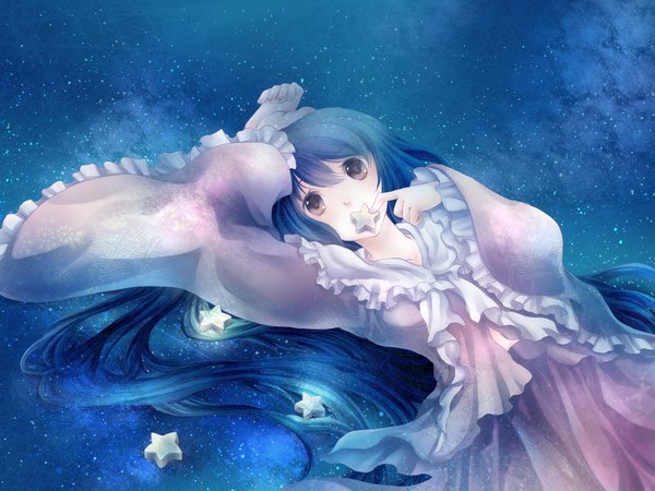 Anime picture 1333x1000 with touhou houraisan kaguya toropp (artist) long hair brown eyes blue hair girl dress star (symbol) star (stars)