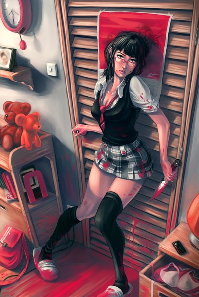 Anime picture 1137x1700 with poibuts single long hair tall image looking at viewer blue eyes black hair lips girl thighhighs skirt black thighhighs miniskirt glasses necktie blood knife room