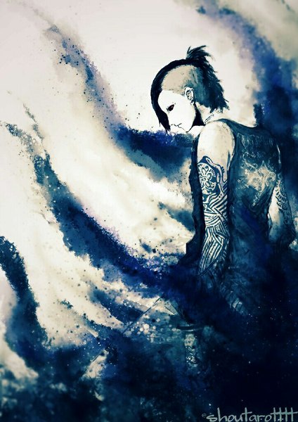 Anime picture 724x1024 with tokyo ghoul studio pierrot uta (tokyo kushu) shoutarotttt single tall image short hair black hair looking away profile lips tattoo sleeveless piercing black sclera undercut boy earrings tank top kagune