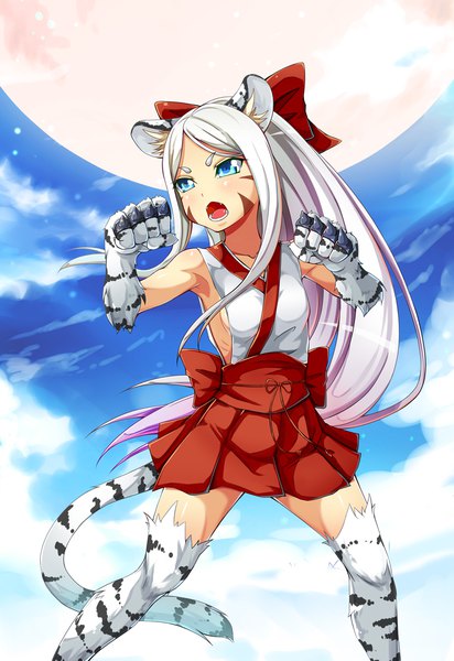 Anime picture 800x1163 with original dream demon single long hair tall image open mouth blue eyes light erotic animal ears looking away silver hair cloud (clouds) tail traditional clothes japanese clothes animal tail facial mark gradient hair fighting stance whisker markings