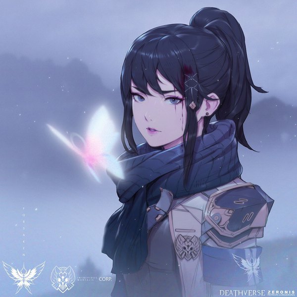 Anime picture 1440x1440 with deathverse (zeronis) original paul (shiramune) single looking at viewer fringe blue eyes black hair signed payot ponytail parted lips copyright name lipstick pink lipstick blood on face girl hair ornament earrings scarf
