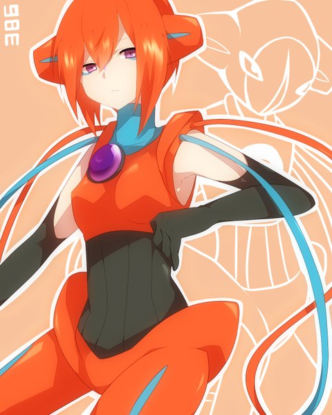 Anime picture 1200x1500 with pokemon moemon nintendo deoxys takeshima eku single tall image looking at viewer short hair simple background purple eyes orange hair orange background gen 3 pokemon pokemon number girl gloves black gloves elbow gloves
