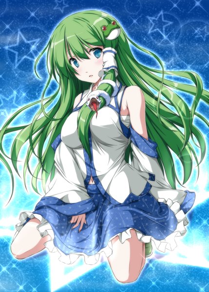 Anime picture 1296x1812 with touhou kochiya sanae nori tamago single long hair tall image blush traditional clothes parted lips aqua eyes green hair kneeling girl skirt navel detached sleeves animal frills star (symbol) snake