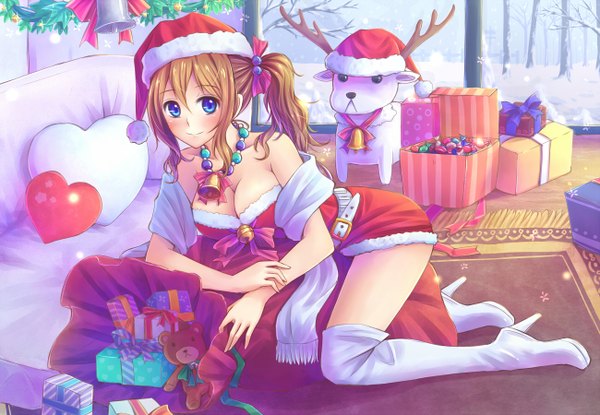 Anime picture 1300x900 with original xia you qing suikakitsu shiro long hair looking at viewer blush blue eyes light erotic brown hair ponytail side ponytail christmas merry christmas girl thigh boots bell gift santa claus hat santa claus costume christmas present