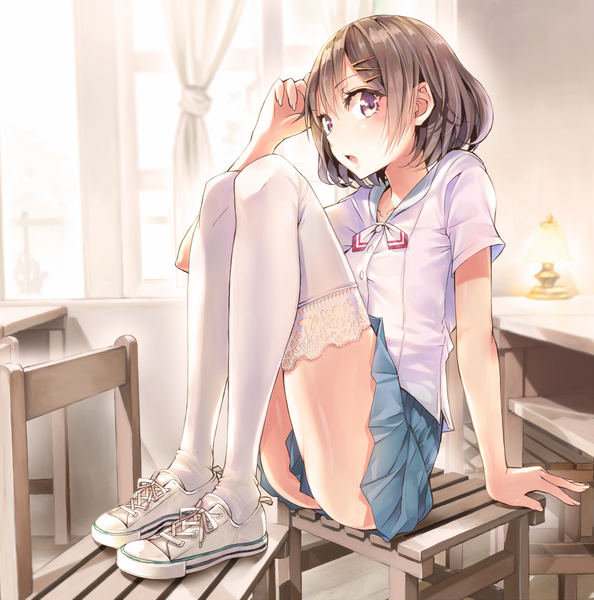 Anime picture 891x900 with original umeboshitora single tall image looking at viewer blush fringe short hair open mouth light erotic brown hair sitting purple eyes full body bent knee (knees) indoors pleated skirt fingernails arm support :o