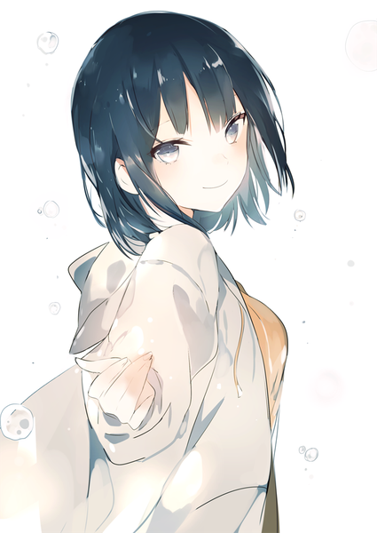 Anime-Bild 650x918 mit original lpip single tall image looking at viewer blush fringe short hair breasts black hair simple background smile white background purple eyes upper body blunt bangs head tilt looking back arm up outstretched arm