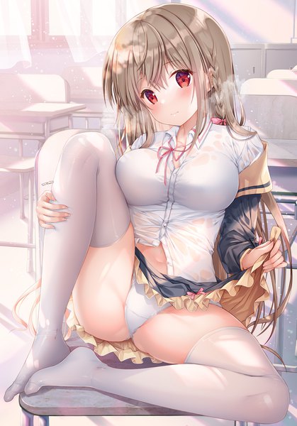 Anime picture 1500x2147 with twinbox school original maeda shiori sousouman single long hair tall image looking at viewer blush fringe breasts light erotic hair between eyes red eyes brown hair large breasts sitting signed full body bent knee (knees)