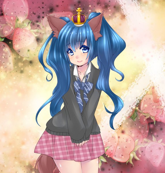 Anime picture 1000x1045 with tera online siru (artist) single long hair tall image looking at viewer blush blue eyes smile twintails animal ears blue hair animal tail girl uniform school uniform food sweater crown berry (berries)