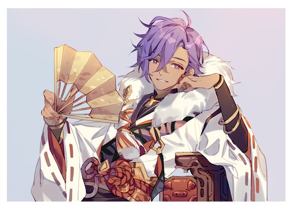 Anime picture 2094x1482 with ensemble stars! otogari adonis melon z single looking at viewer fringe highres short hair simple background hair between eyes purple eyes purple hair traditional clothes japanese clothes dark skin border head rest boy kimono fan