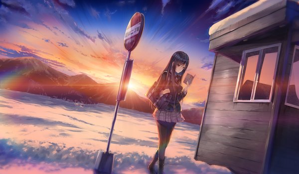 Anime picture 2010x1170 with study steady omaezaki yuu emily (pure dream) single long hair blush fringe highres black hair hair between eyes red eyes wide image standing holding looking away game cg sky cloud (clouds) full body outdoors