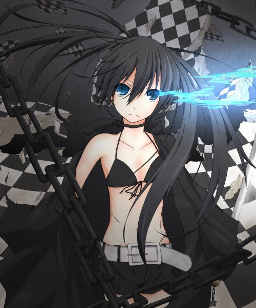 Anime picture 2000x2400 with black rock shooter black rock shooter (character) moimoi0224 single long hair tall image highres blue eyes black hair twintails glowing scar glowing eye (eyes) girl weapon sword shorts katana chain cloak