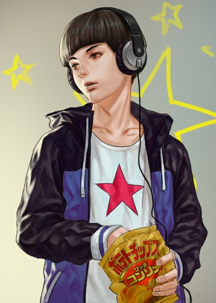 Anime picture 591x827 with ping pong the animation tatsunoko hoshino yutaka xiongmaotao single tall image fringe short hair black hair brown eyes looking away parted lips realistic grey background open jacket casual star print boy jacket headphones