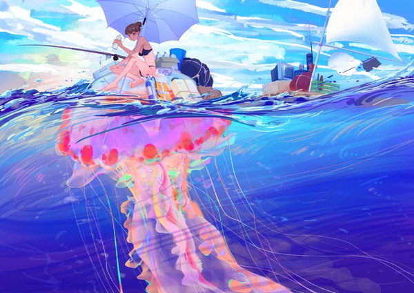 Anime picture 1488x1052 with original ya yan single fringe short hair light erotic brown hair sitting holding looking away sky cloud (clouds) full body blunt bangs hair bun (hair buns) girl swimsuit bikini sea umbrella