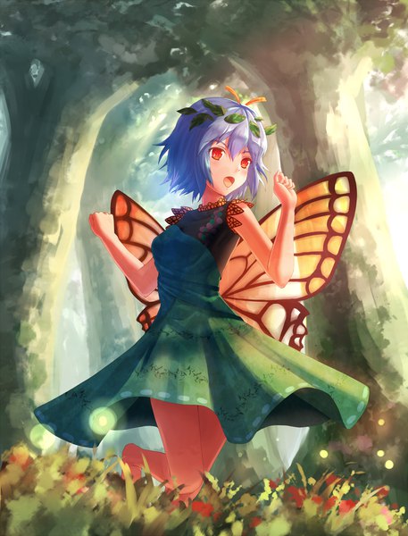 Anime picture 800x1050 with touhou eternity larva aletto-mikan single tall image fringe short hair open mouth hair between eyes red eyes looking away purple hair outdoors barefoot running insect wings butterfly wings antennae girl dress