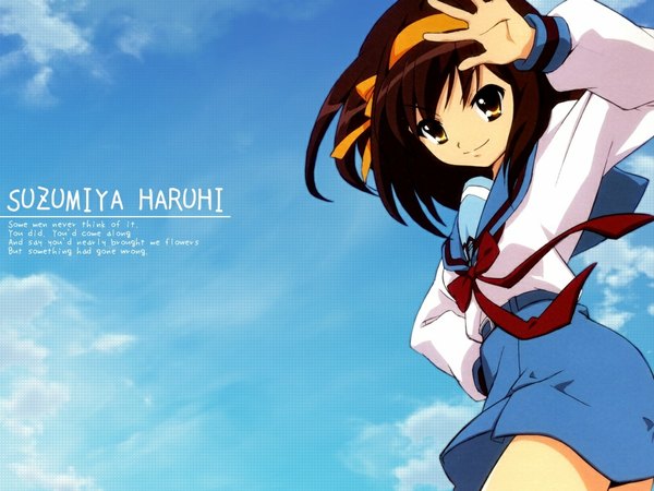 Anime picture 1024x768 with suzumiya haruhi no yuutsu kyoto animation suzumiya haruhi blue background waving girl