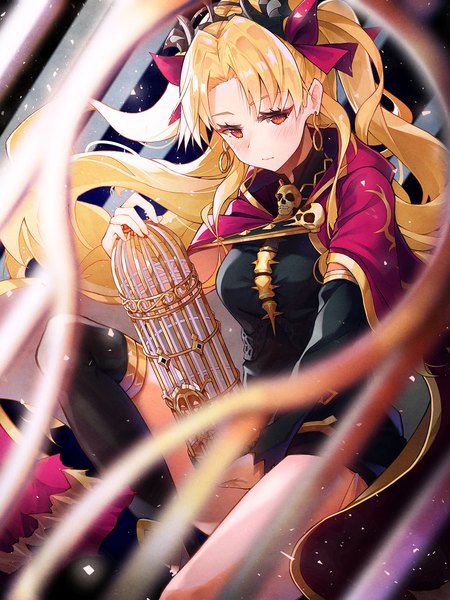 Anime picture 975x1300 with fate (series) fate/grand order ereshkigal (fate) po-palm single long hair tall image looking at viewer blush fringe blonde hair red eyes sitting holding bent knee (knees) two side up girl thighhighs ribbon (ribbons) black thighhighs
