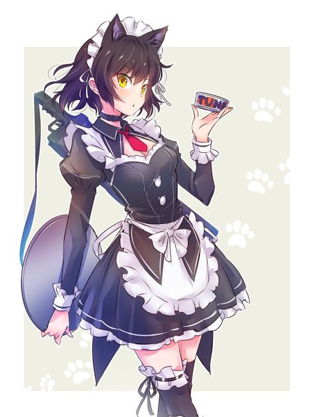 Anime picture 1190x1562 with rwby rooster teeth blake belladonna iesupa single tall image looking at viewer short hair breasts black hair holding animal ears yellow eyes cleavage long sleeves parted lips cat ears :o maid cleavage cutout