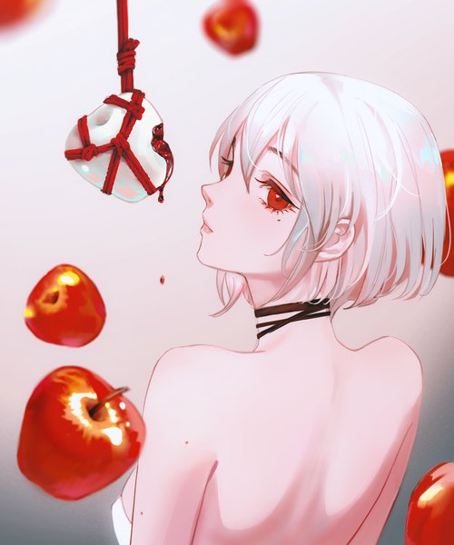 Anime picture 4663x5591 with original nixeu single tall image looking at viewer fringe highres short hair simple background hair between eyes red eyes bare shoulders absurdres silver hair upper body profile looking back from behind blurry mole