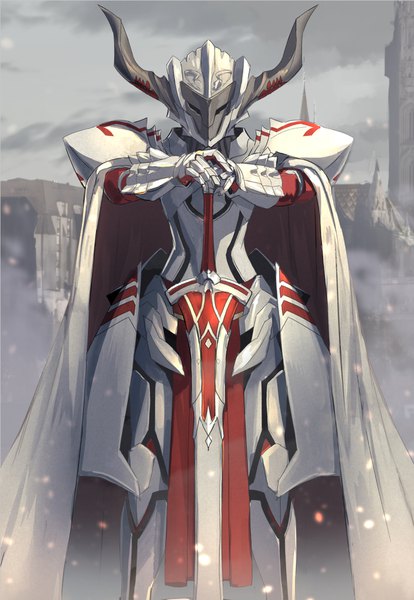 Anime-Bild 1224x1773 mit fate (series) fate/grand order mordred (fate) isegawa yasutaka single tall image standing holding sky outdoors horn (horns) smoke knight girl weapon sword armor building (buildings) cape helmet