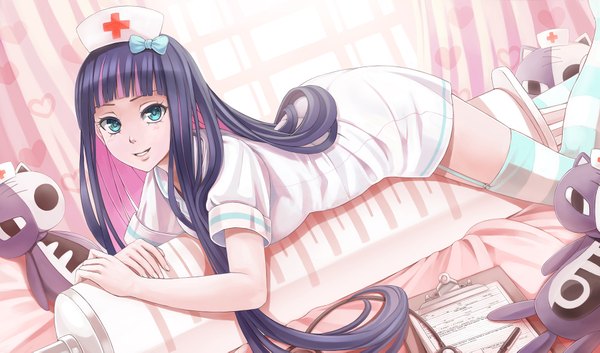 Anime picture 1800x1061 with panty & stocking with garterbelt anarchy stocking honekoneko sunimu single long hair looking at viewer highres blue eyes smile wide image blue hair multicolored hair two-tone hair colored inner hair nurse girl thighhighs bow hair bow