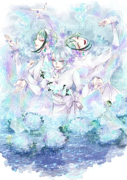Anime picture 1500x2128 with twisted wonderland floyd leech jade leech azul ashengrotto camexllia tall image fringe short hair open mouth blue eyes hair between eyes signed yellow eyes silver hair :d profile multicolored hair green hair mole multiple boys