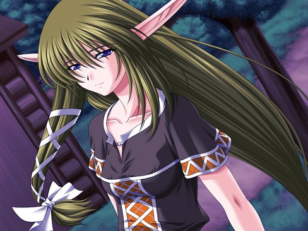 Anime picture 1024x768 with axia (game) single long hair blue eyes game cg green hair pointy ears elf girl ribbon (ribbons)