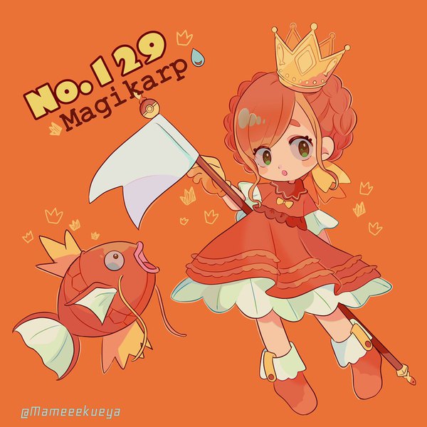 Anime picture 1024x1024 with pokemon nintendo magikarp mameeekueya single short hair simple background standing green eyes signed looking away full body red hair character names twitter username lipstick pink lipstick orange background gen 1 pokemon personification