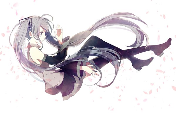 Anime picture 1400x933 with vocaloid hatsune miku na yeon single fringe white background twintails bare shoulders blue hair looking away full body ahoge bent knee (knees) very long hair profile pleated skirt wide sleeves sparkle grey eyes floating hair