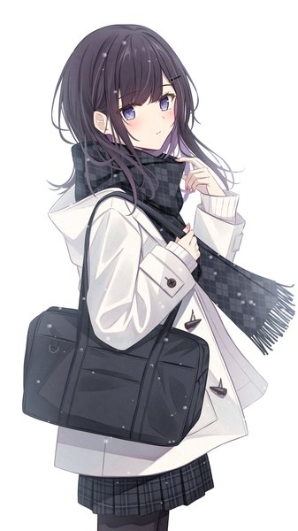 Anime picture 2160x3840 with original senri (senri sen) single long hair tall image looking at viewer blush highres black hair simple background white background purple eyes multicolored hair turning head colored inner hair girl scarf bobby pin school bag coat