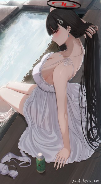 Anime picture 2066x3782 with blue archive rio (blue archive) yamikyon single long hair tall image looking at viewer blush fringe highres breasts light erotic black hair red eyes large breasts sitting signed profile from above arm support